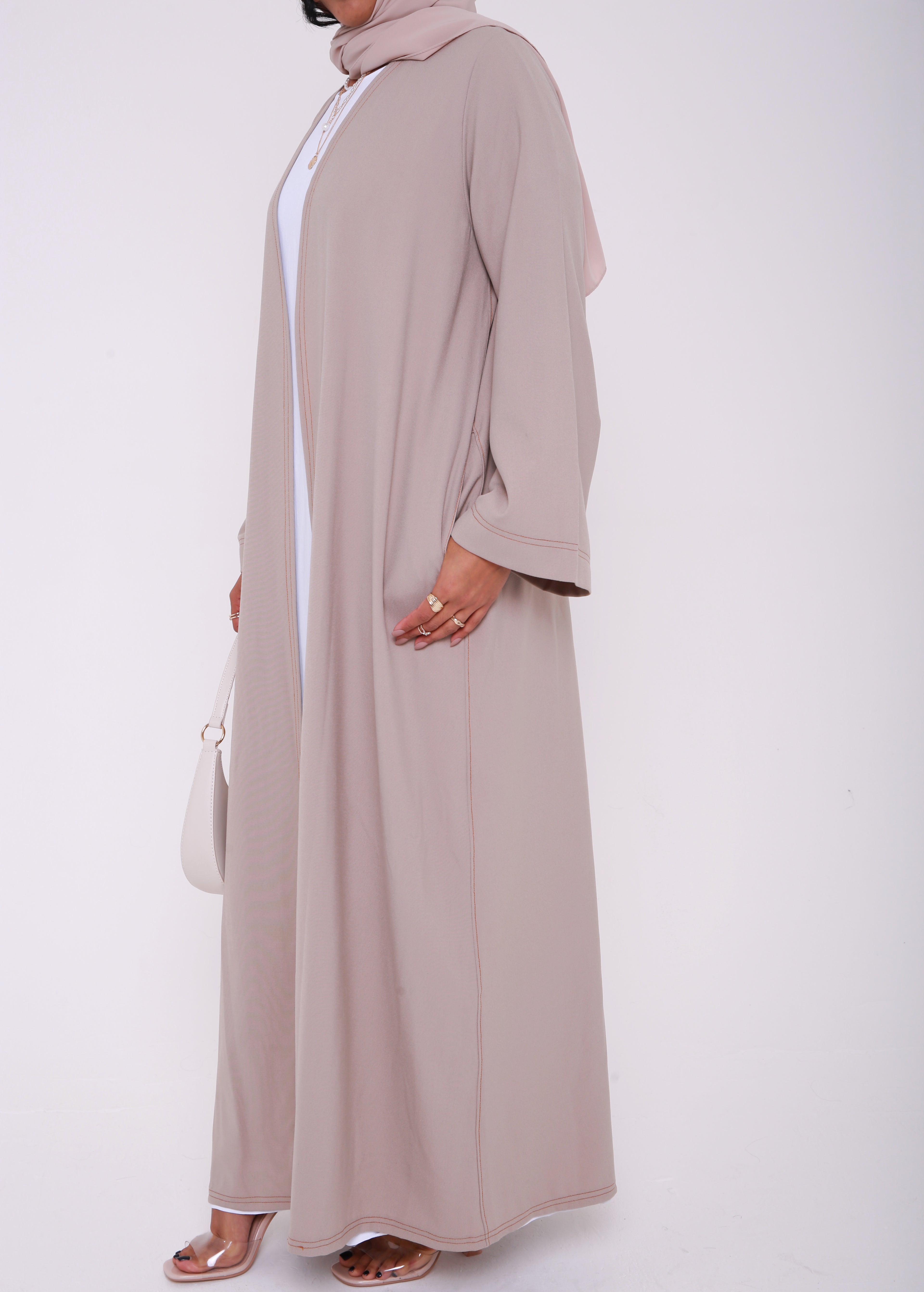 Beige Contrast Stitch Open Abaya