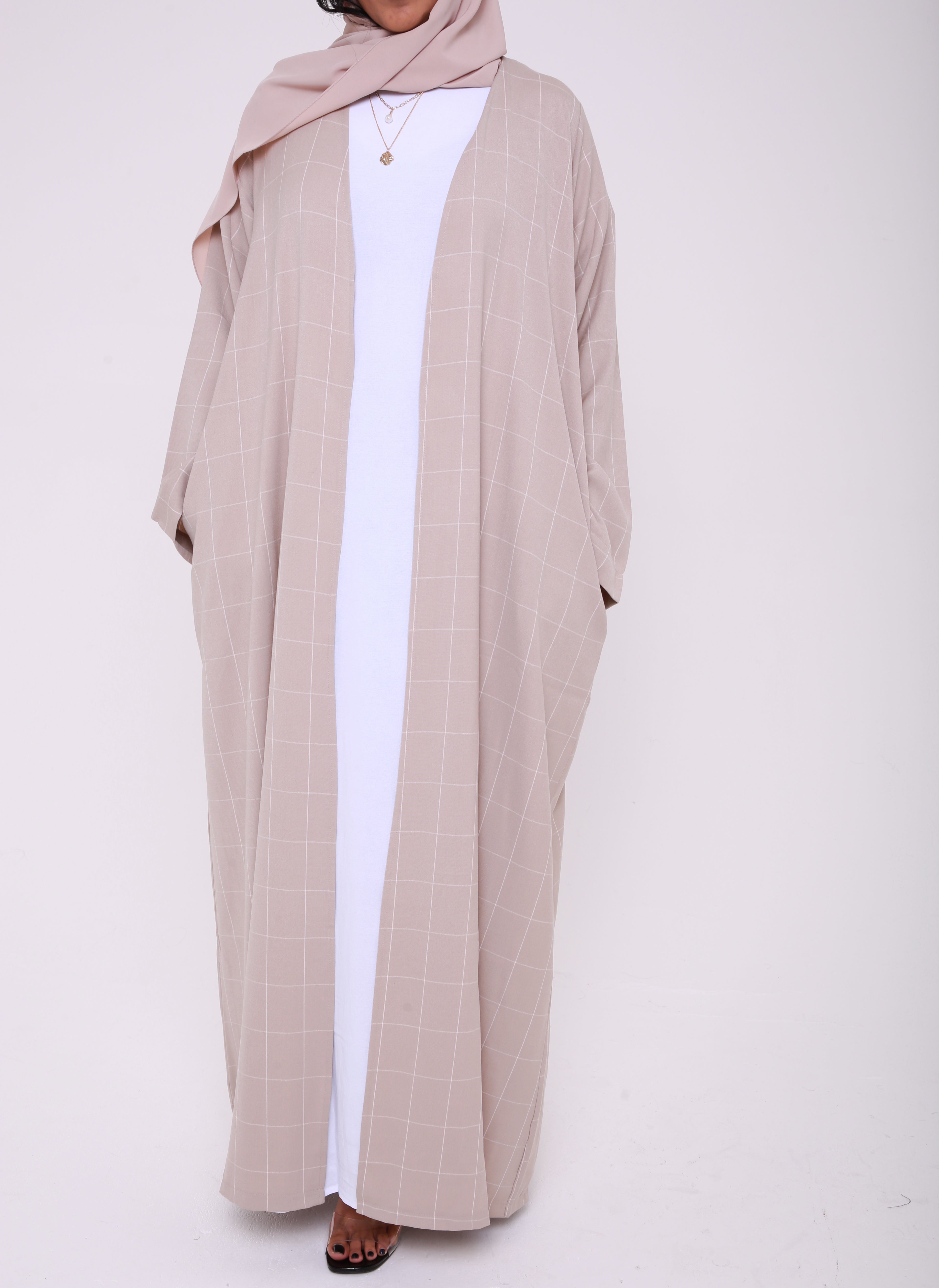 Beige Square Grid Open Abaya