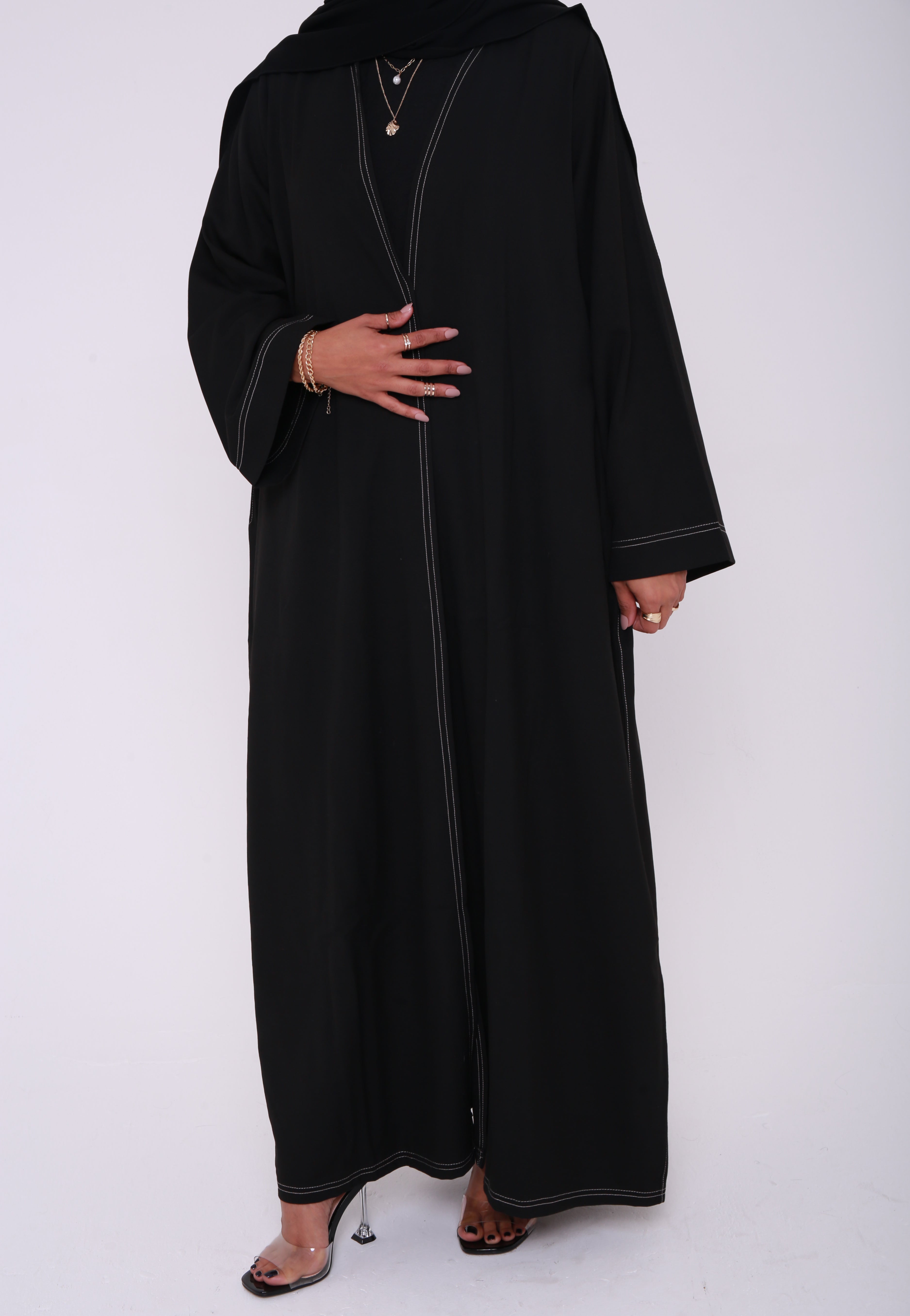 Black Contrast Stitch Open Abaya