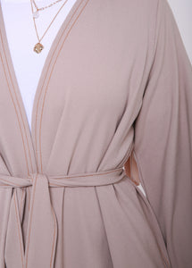 Beige Contrast Stitch Open Abaya