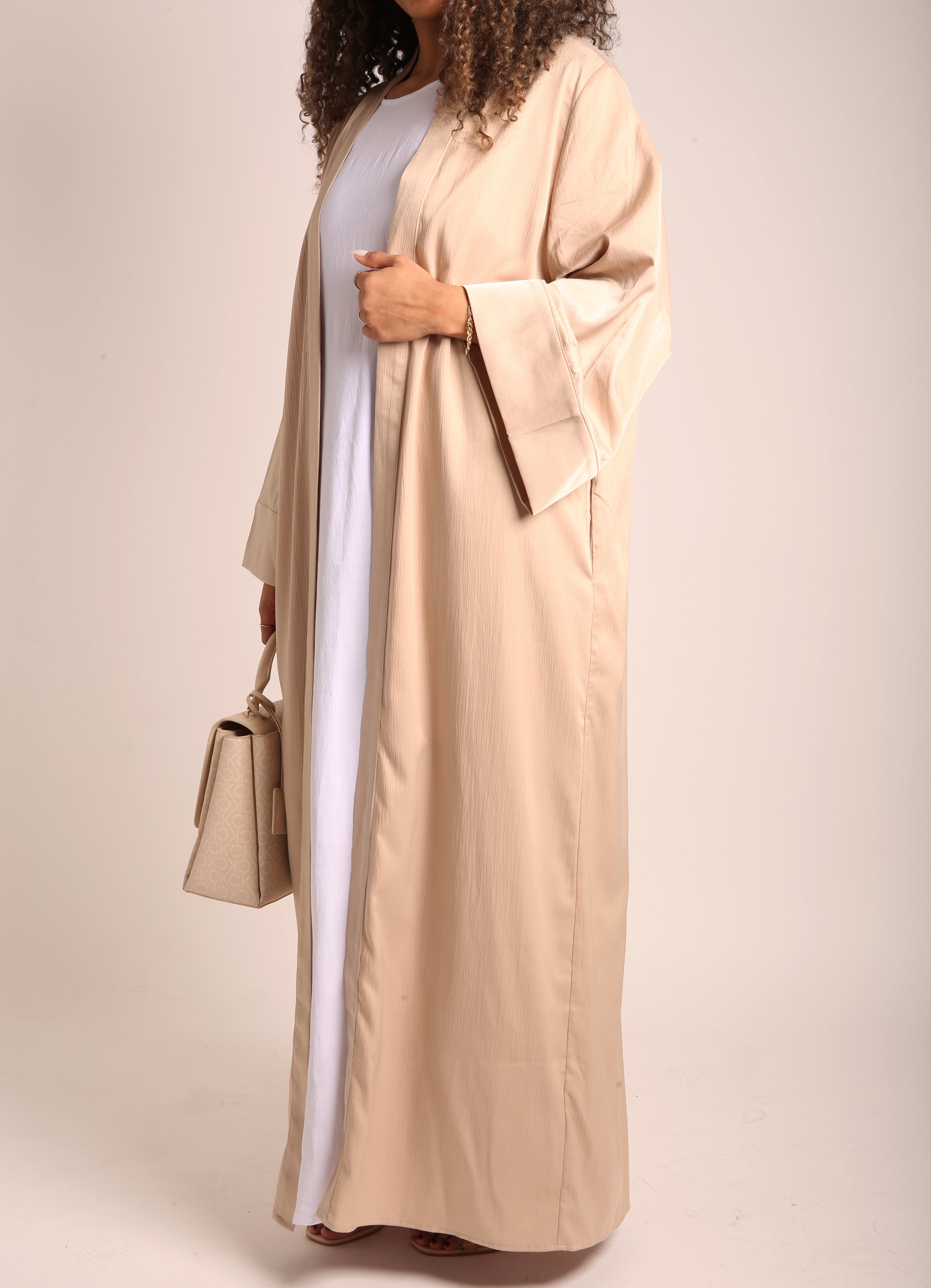 Beige Crinkle Open Abaya