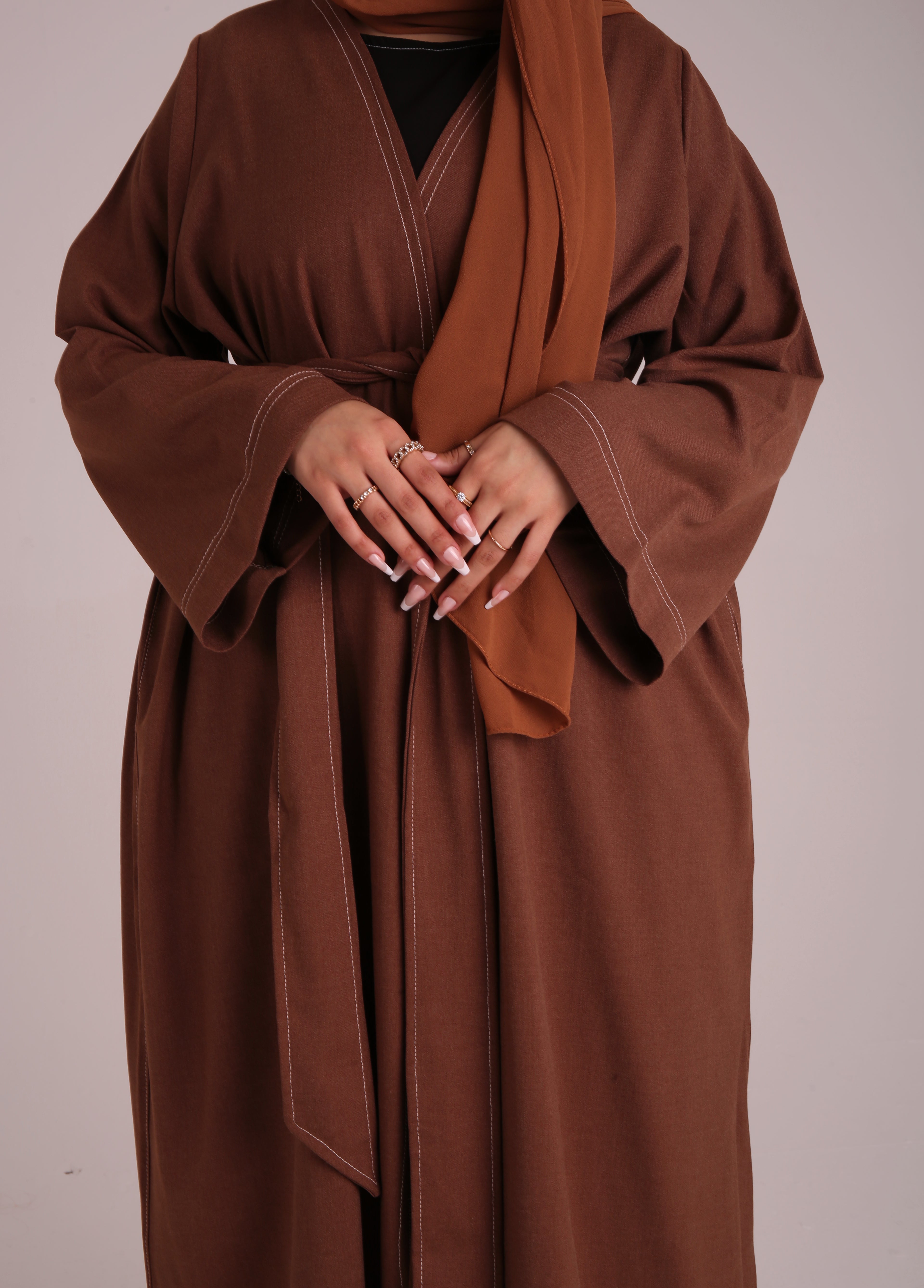 Brown Contrast Stitch Open Abaya