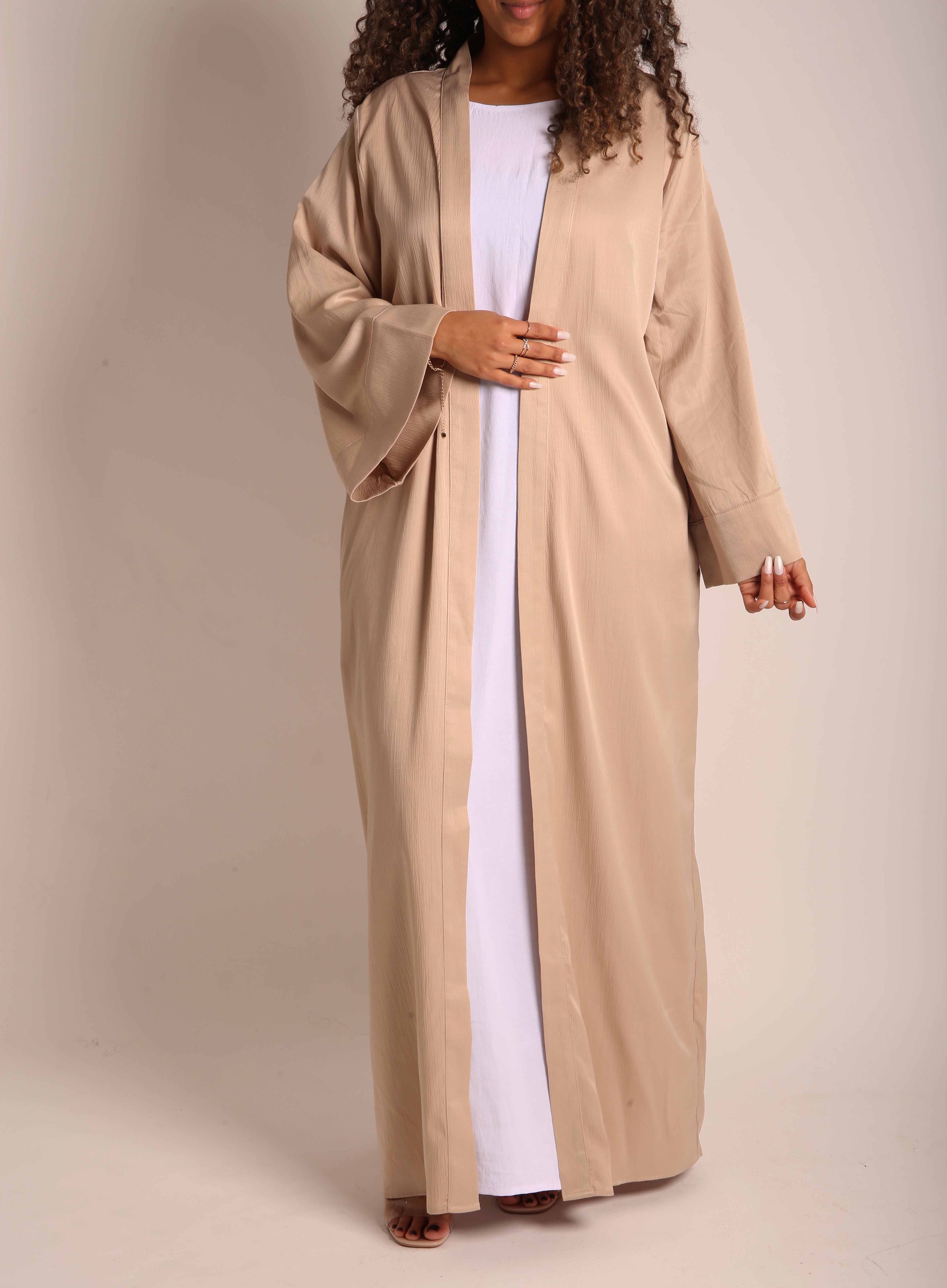 Beige Crinkle Open Abaya