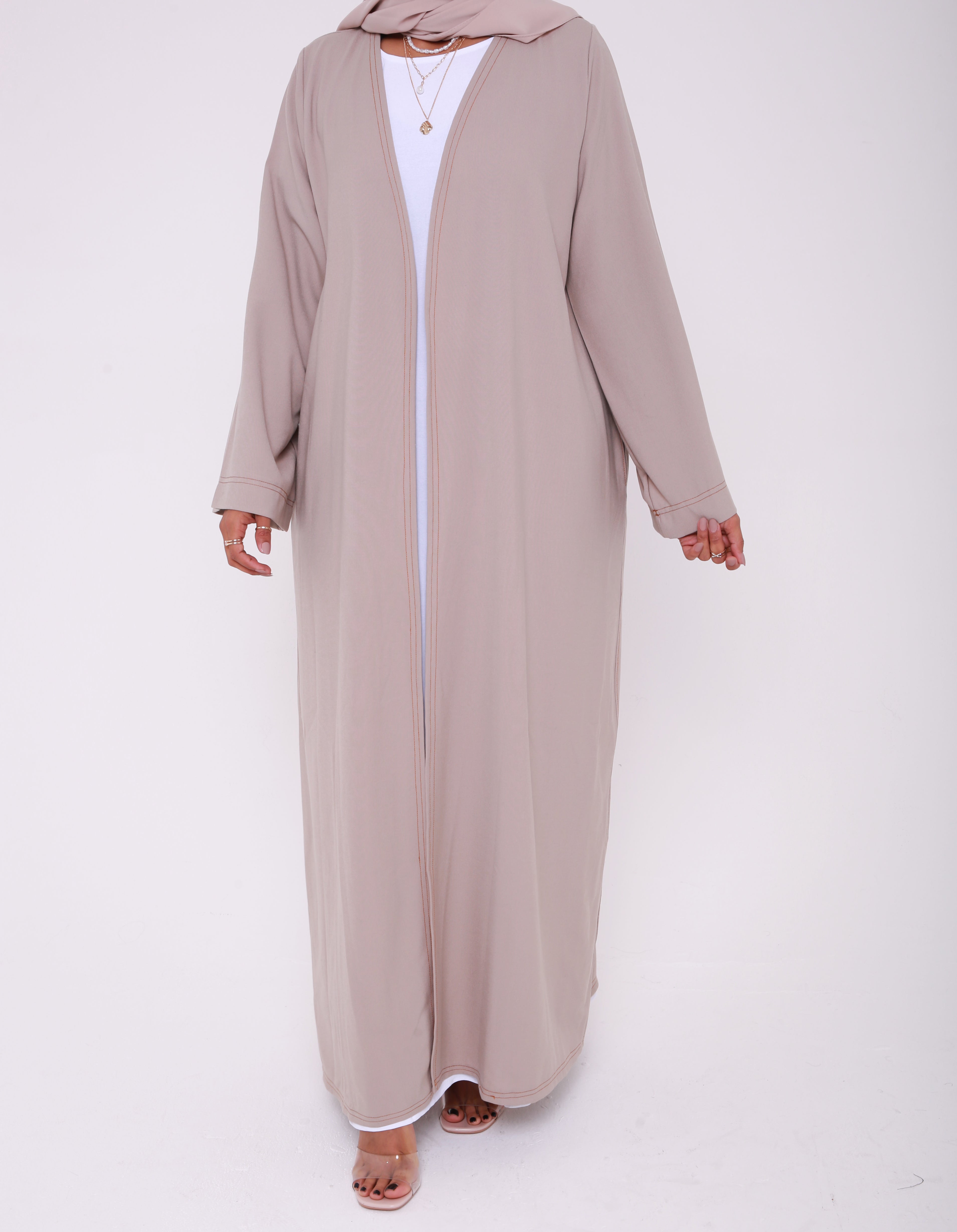 Beige Contrast Stitch Open Abaya