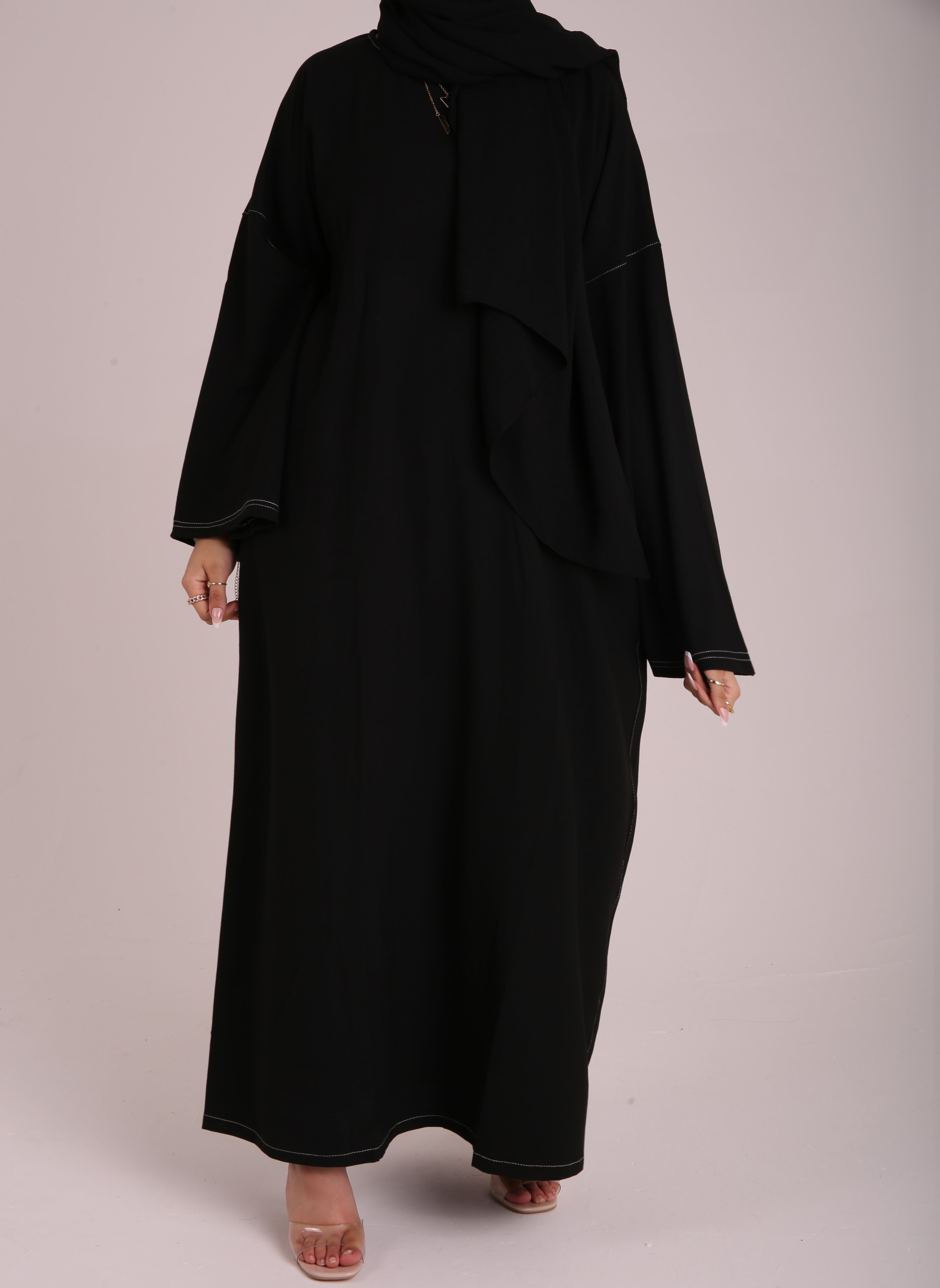 Black Contrast Stitch Closed Abaya