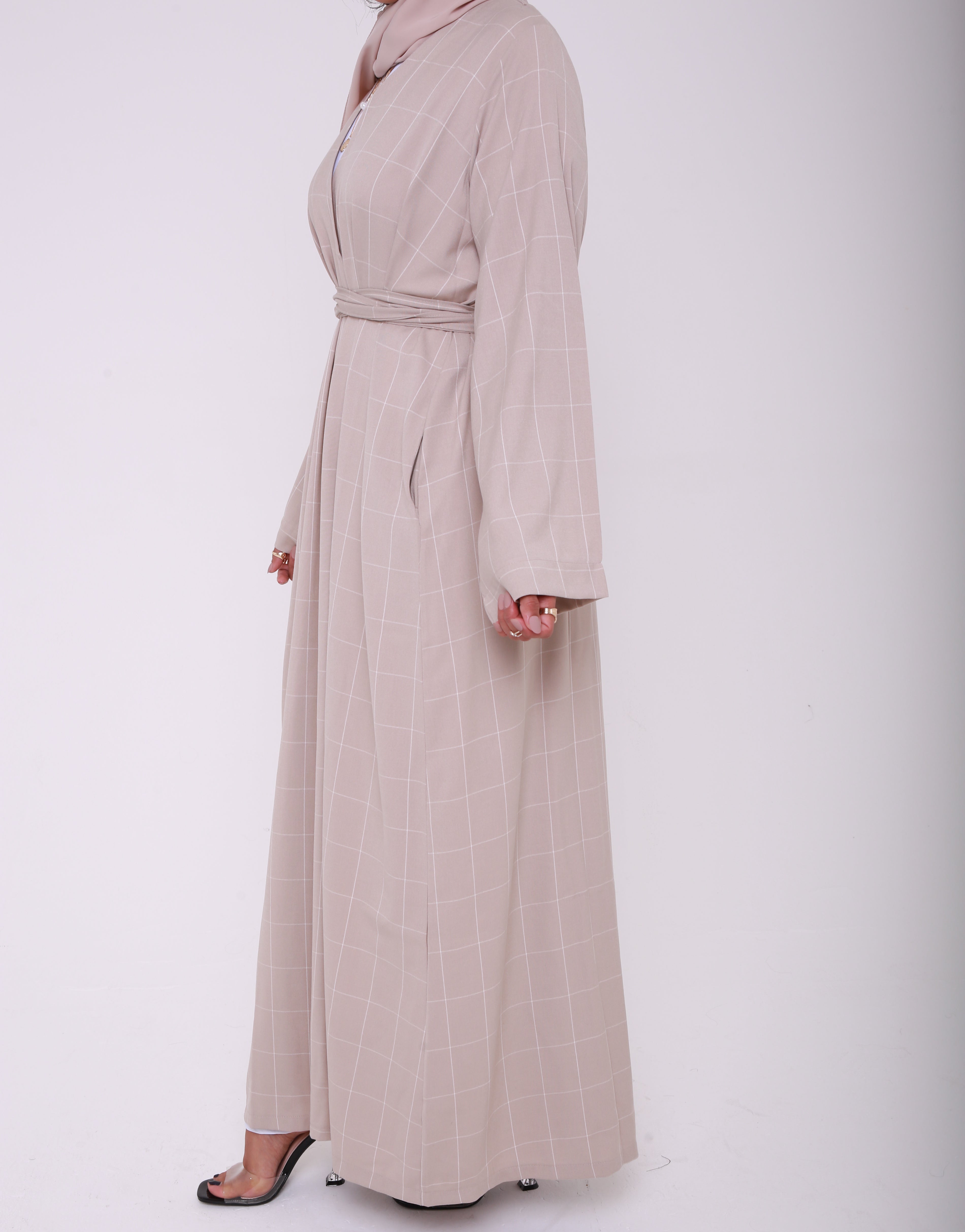 Beige Square Grid Open Abaya