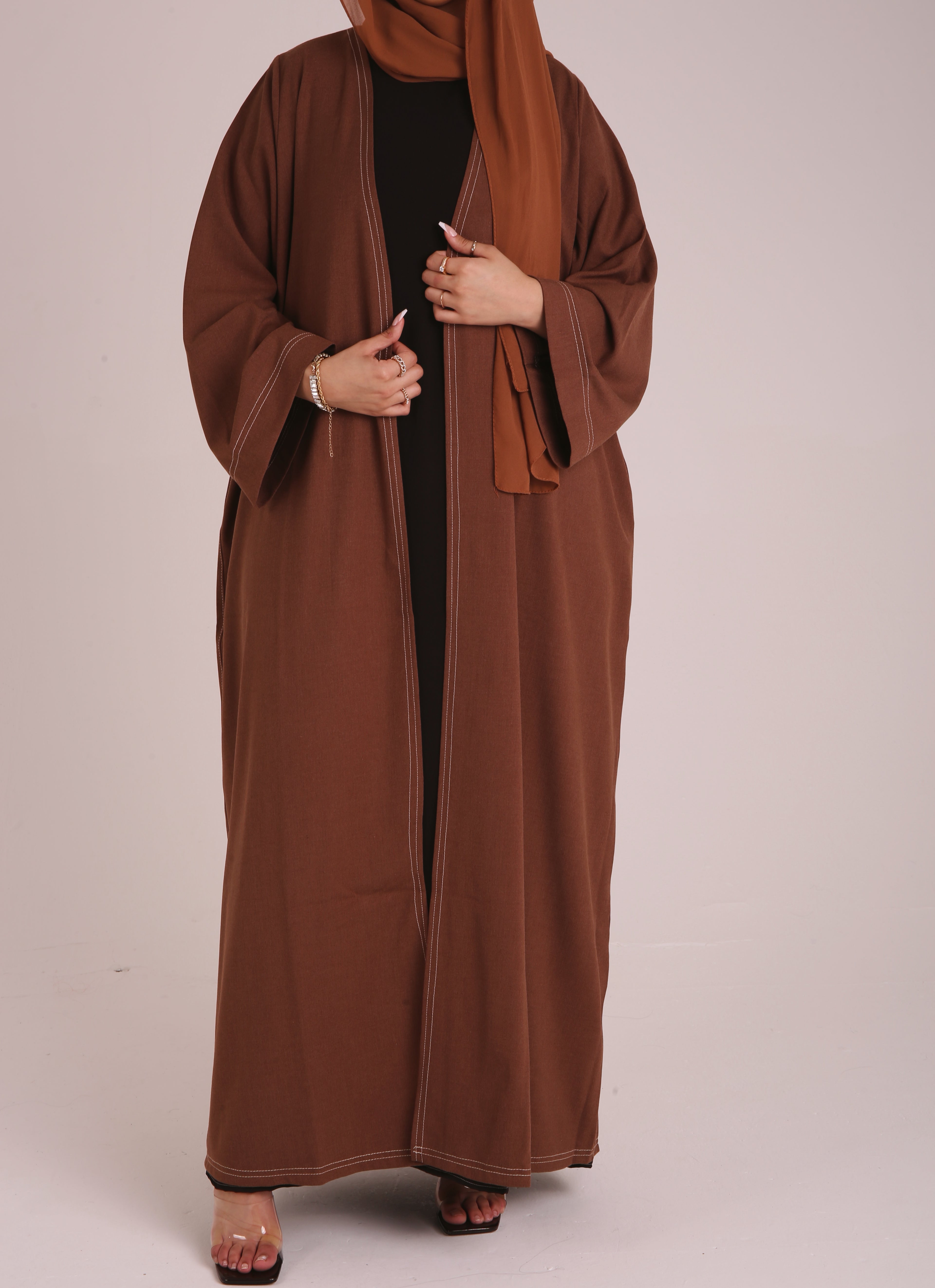 Brown Contrast Stitch Open Abaya